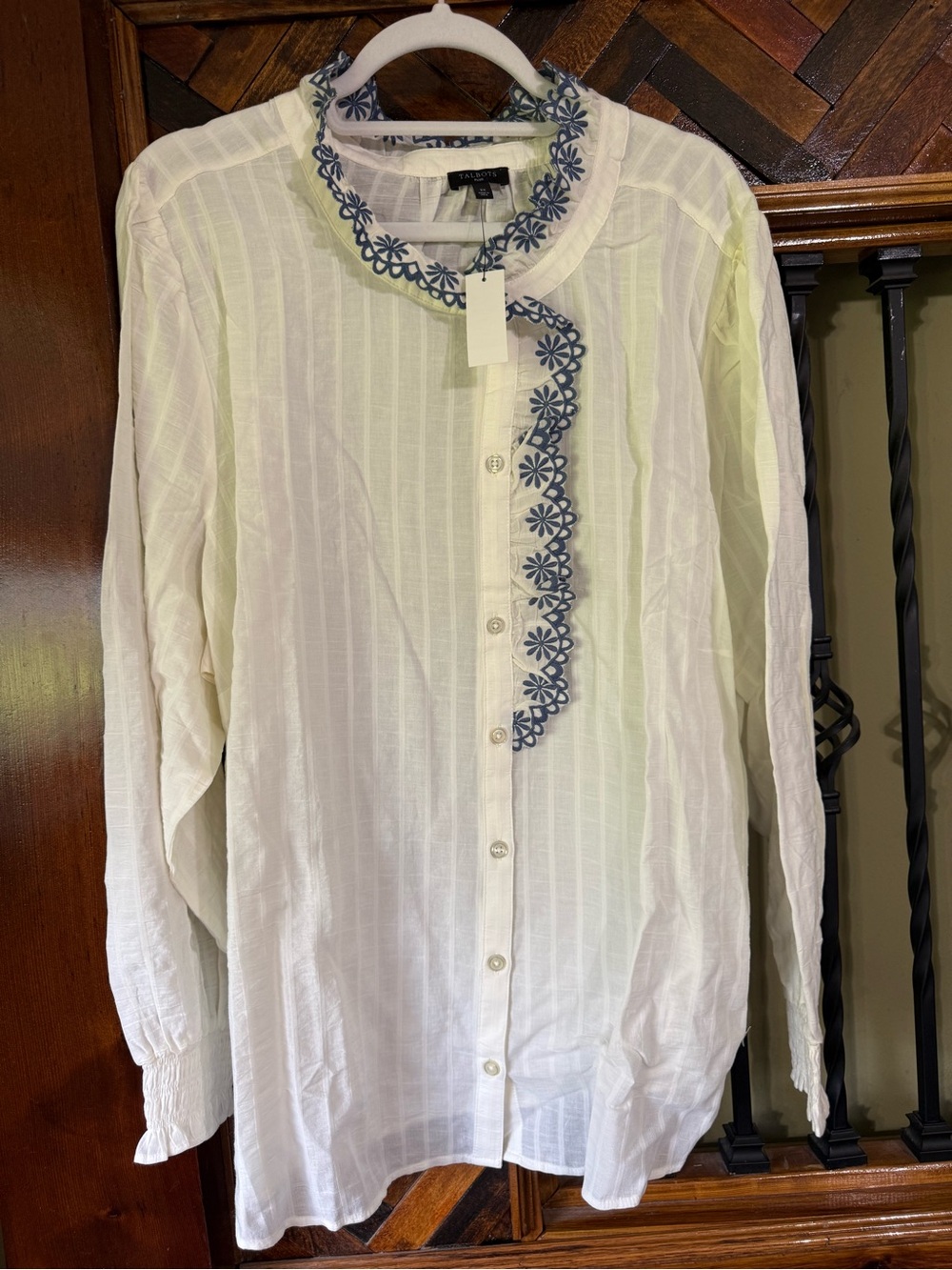 Talbots White Blouse with Blue Daisy Embroidery